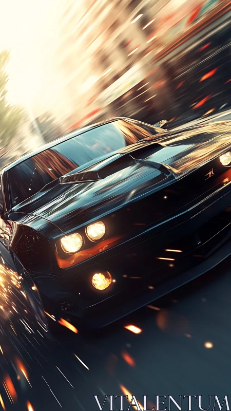 High-speed black muscle car in urban motion blur with sparks