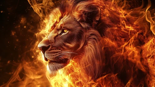 Lion of living flame gazes calmly through swirling firestorm.
