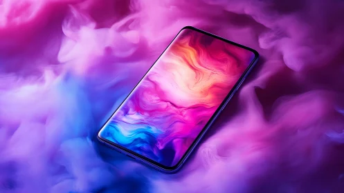 Bezel‑less smartphone floats in neon clouds of vivid color