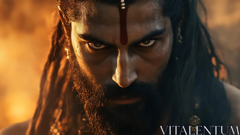 Fierce gaze of a firelit warrior sage in deep focus.