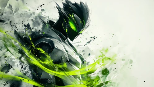 Neon cybernetic warrior in dynamic green energy burst.