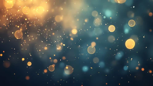 Golden bokeh lights on dark blue background in abstract style.