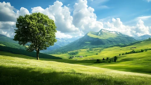 Solitary hilltop tree quietly conducts a bright green symphony