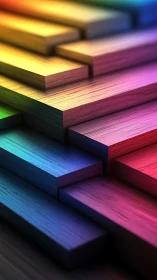 Layered wooden planks in vivid stepped rainbow gradient.