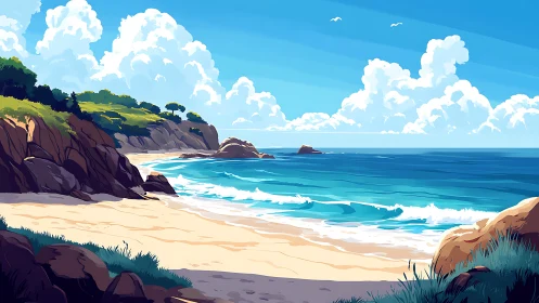 Coastal lithic escarpment with stylized wave dynamics under cumulus skies.