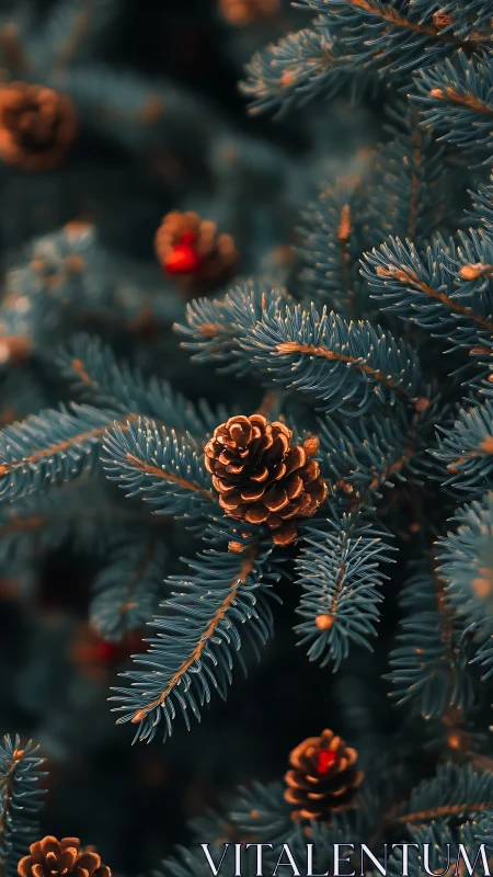 Close-up of evergreen branches with multiple pine cones.