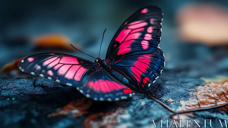 Pink and black butterfly resting on wet forest stone.