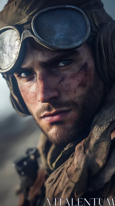 Weathered soldier portrait shows dirt, gear and focused gaze