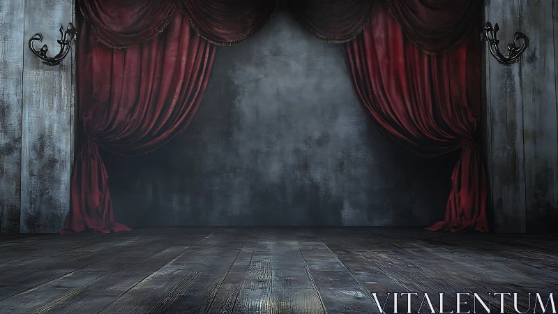 Velvet curtain hush in a timeworn, shadow-drenched stage hush.