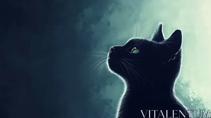 Black Cat Silhouette Gazing Upward in Ethereal Light