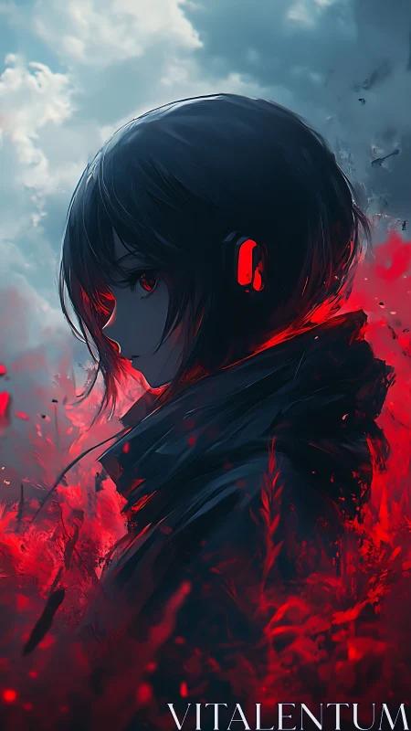 Cybernetic silhouette framed by crimson atmospheric bloom.