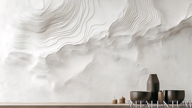 Minimal vessels before textured wall relief in neutral studio.