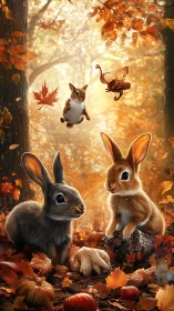 Autumn forest rabbits rendered in luminous digital realism