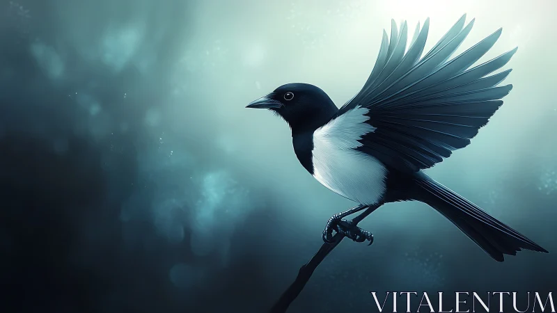 Elegant magpie perched on branch in dreamy blue-toned light.