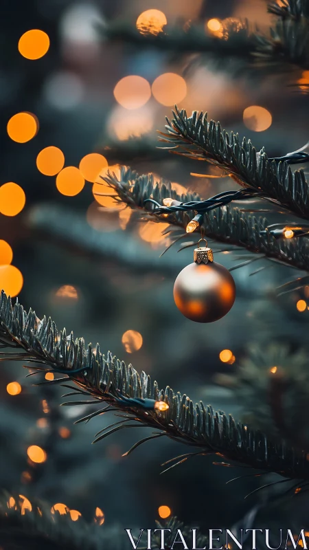 Golden bauble on fir tree branch with warm bokeh lights.