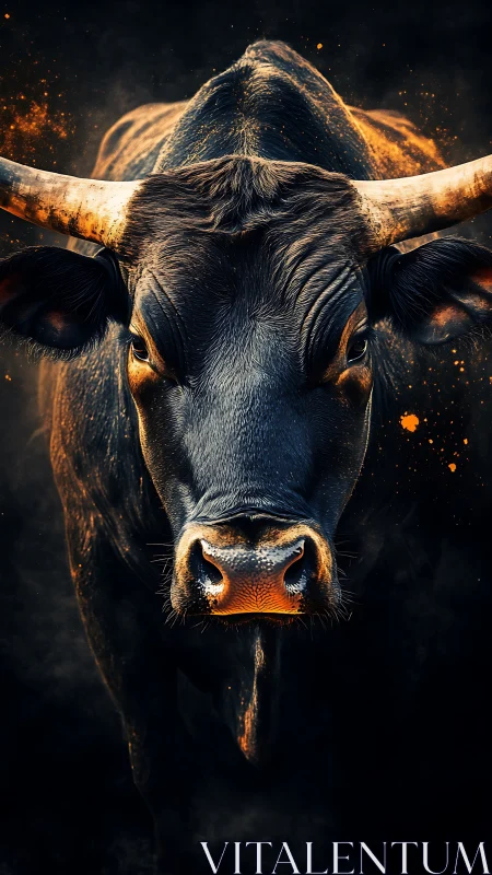 Charging black bull portrait with blazing ember accents.