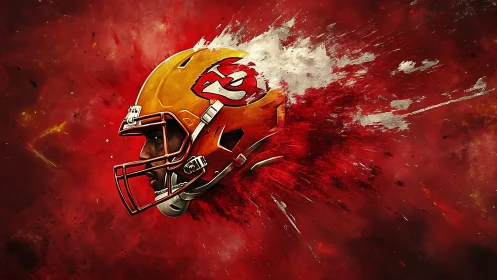 Explosive red football helmet bursts from abstract paint storm