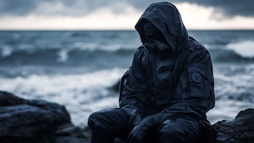 Hooded gas mask wanderer on stormy monochrome shoreline.