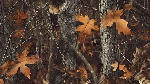 Dry oak leaves clinging to textured forest trunks in dusk.