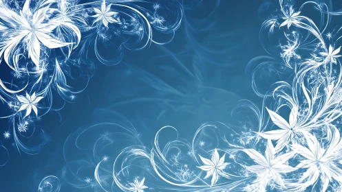 White floral fractal border on blue abstract background.