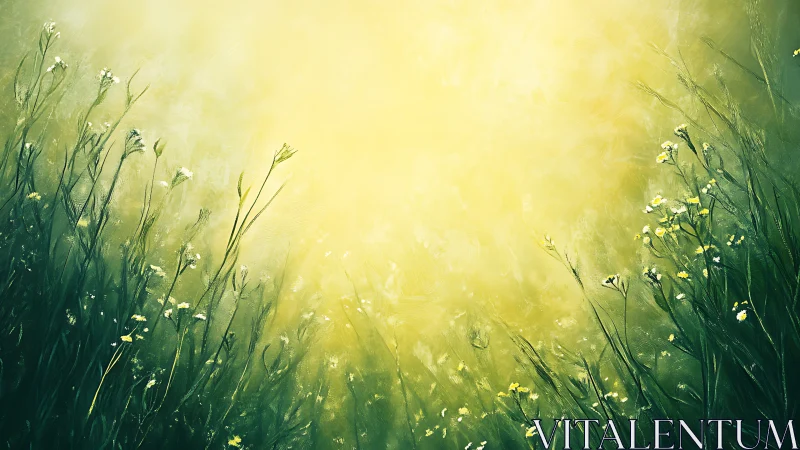 Backlit wildflower meadow with diffuse golden atmospheric glow