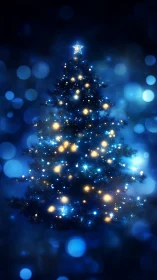 Digital painting of luminous Christmas tree with bokeh field.