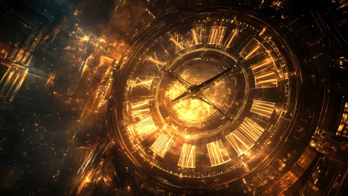 Luminous Roman numeral clockwork in radiant golden vortex.