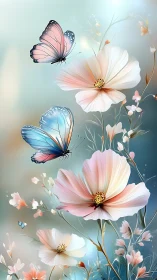Butterflies drift softly above pastel blossoms in spring light