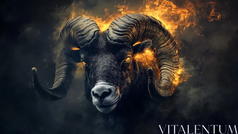 Flaming ram portrait isolates sculpted horns in infernal chiaroscuro
