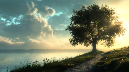 Golden hour lakeside tree rendered as atmospheric digital study