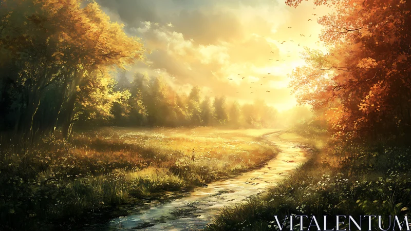 Backlit autumn meadow with curving stream and volumetric sunlight