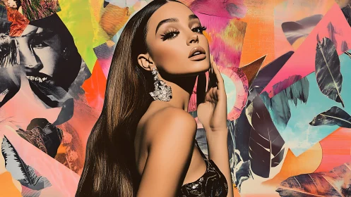 Digital painting portrait with neon collage glam aesthetic.