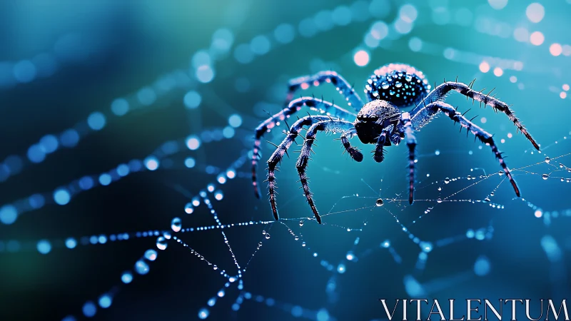 Spider crosses dewy web under cool blue bokeh light