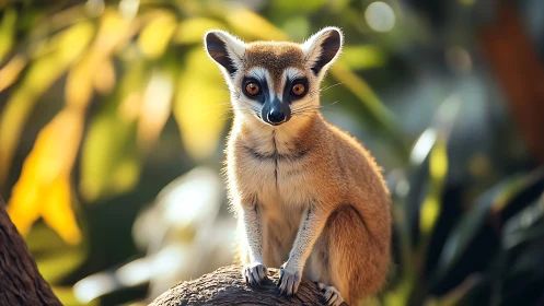 Small lemur on tree branch in bright forest light.