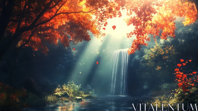 Sunlit autumn forest frames serene waterfall curtain