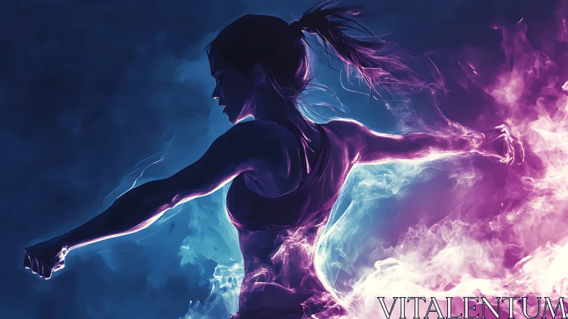 Neon warrior unleashes twin storms of electric motion.