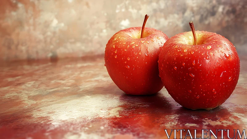 Lustrous red apples with dewdrops on painterly surface.