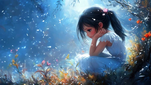 Sad girl in white dress sits alone in glowing fantasy forest