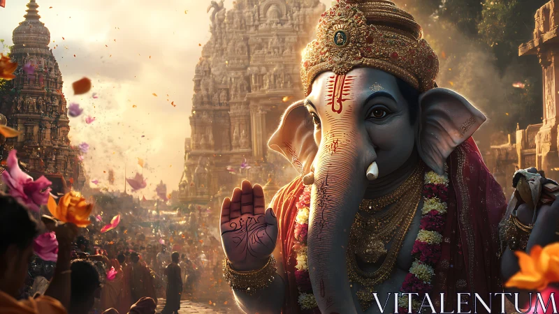 Majestic Ganesha blessing amid sunlit temple festival bloom.
