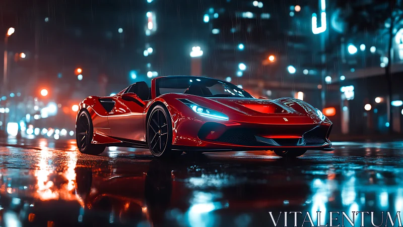 Red supercar glows on rainy neon city streets at night.
