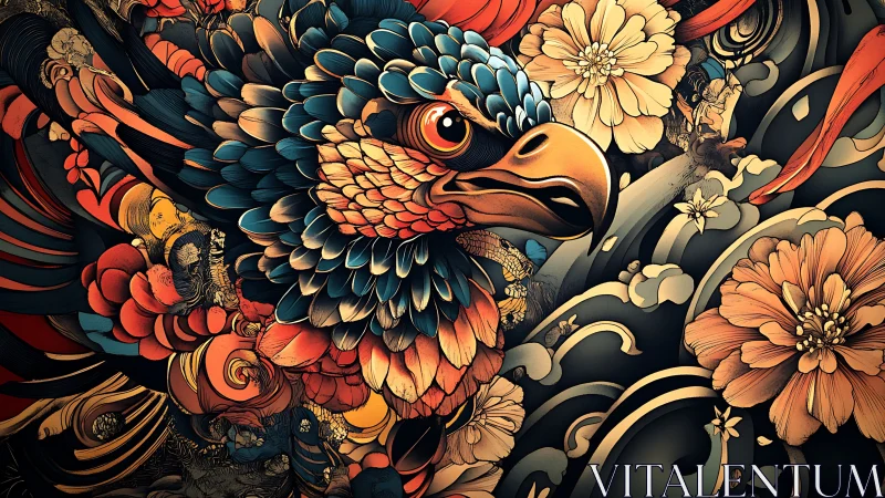 Vibrant stylized hawk with flowers in Japanese tattoo art style.