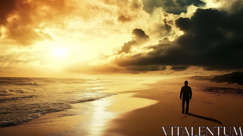 Solitary figure under dramatic golden sunset sky on shore.