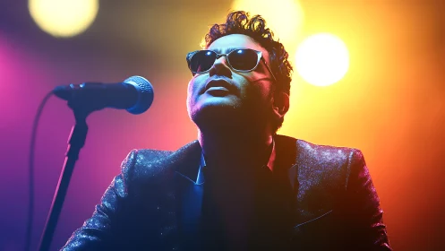 Glitter-suited crooner bathing in neon spotlight haze.