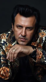 Brooding man in ornate floral blazer, cinematic portrait style.