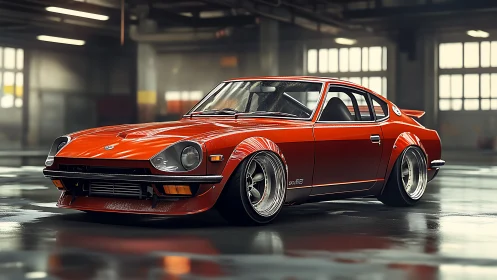 Red classic sports coupe in industrial garage interior.