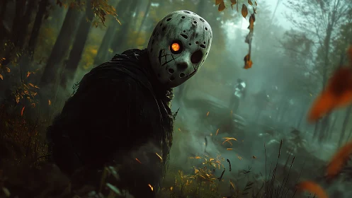 Masked figure with glowing eye standing in misty forest scene.