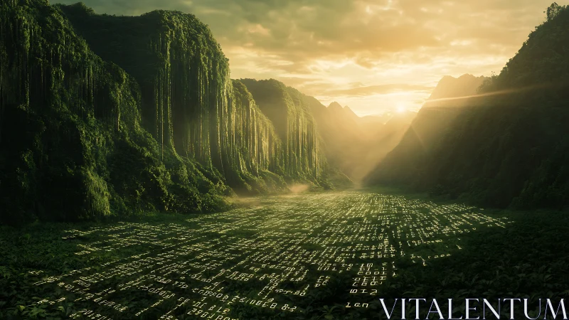 Data river at dawn where code and emerald jungle meet.