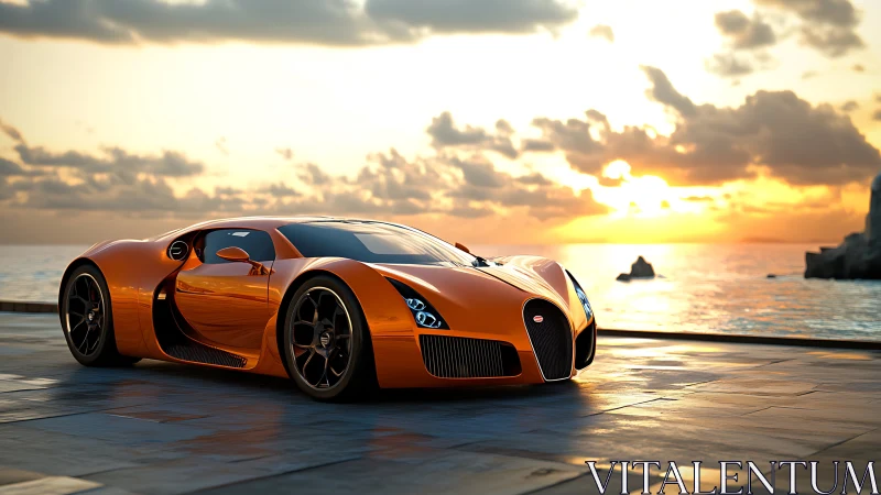 Orange supercar parked by ocean at dramatic sunset.