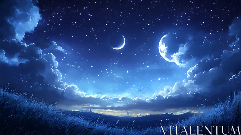 Dreamy twin moons rising over a peaceful starlit valley.