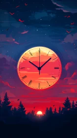 Dreamy sunset sky with a glowing clock of lingering time.
